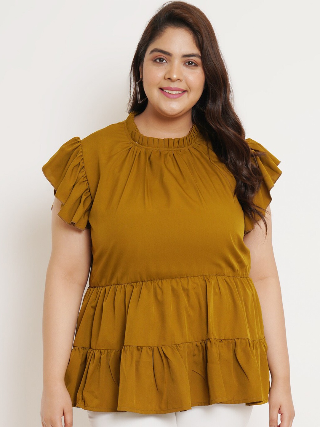 

U&F Beyond Plus Size Flutter Sleeves Ruffles A-Line Top, Brown