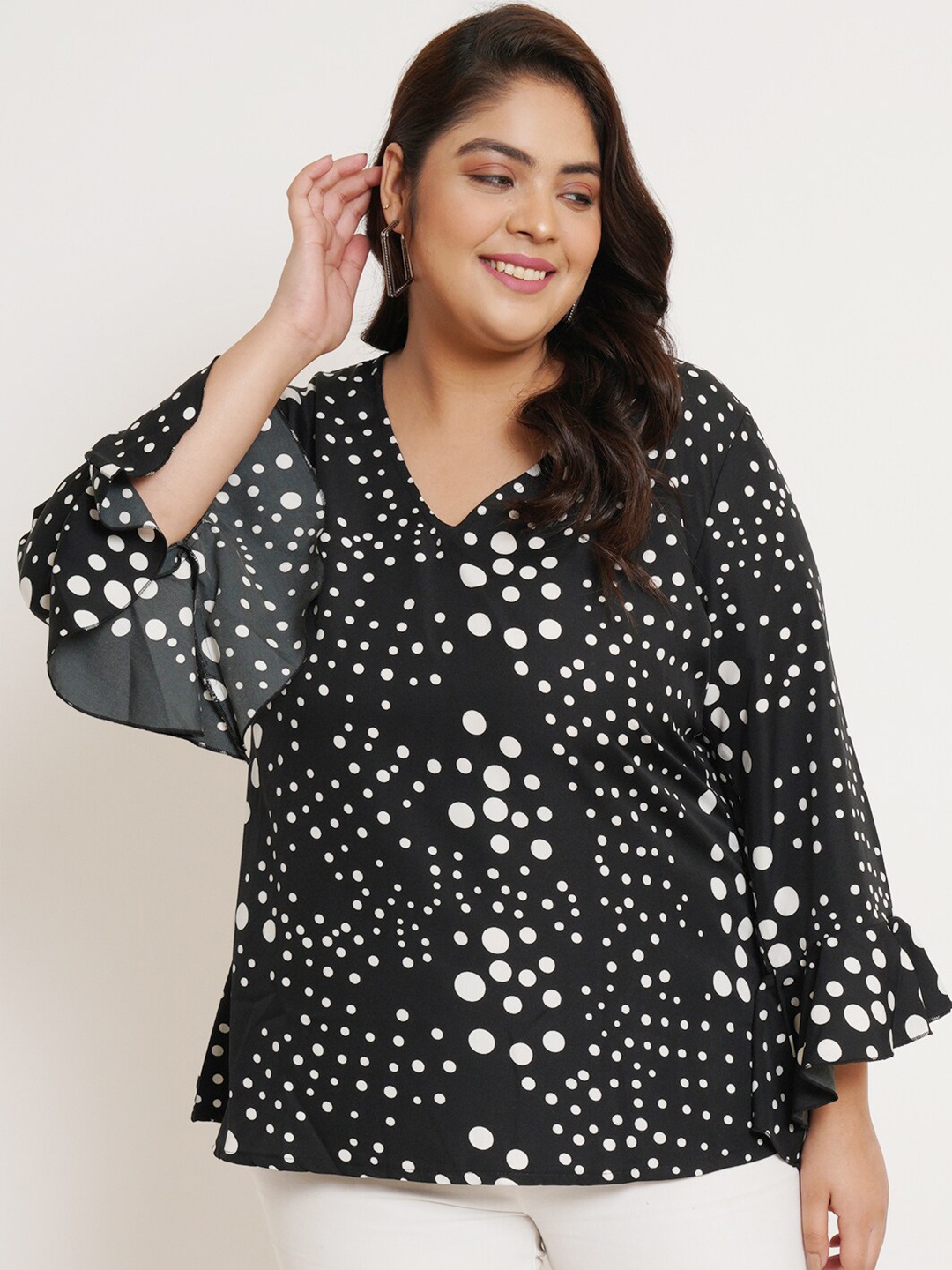 

U&F Beyond Plus Size Polka Dot Printed V-Neck Bell Sleeves Top, Black