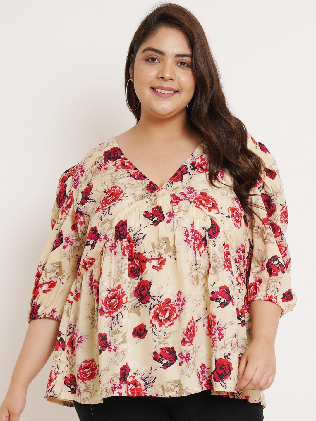

U&F Beyond Plus Size Floral Printed V-Neck Puff Sleeves Empire Top, Beige
