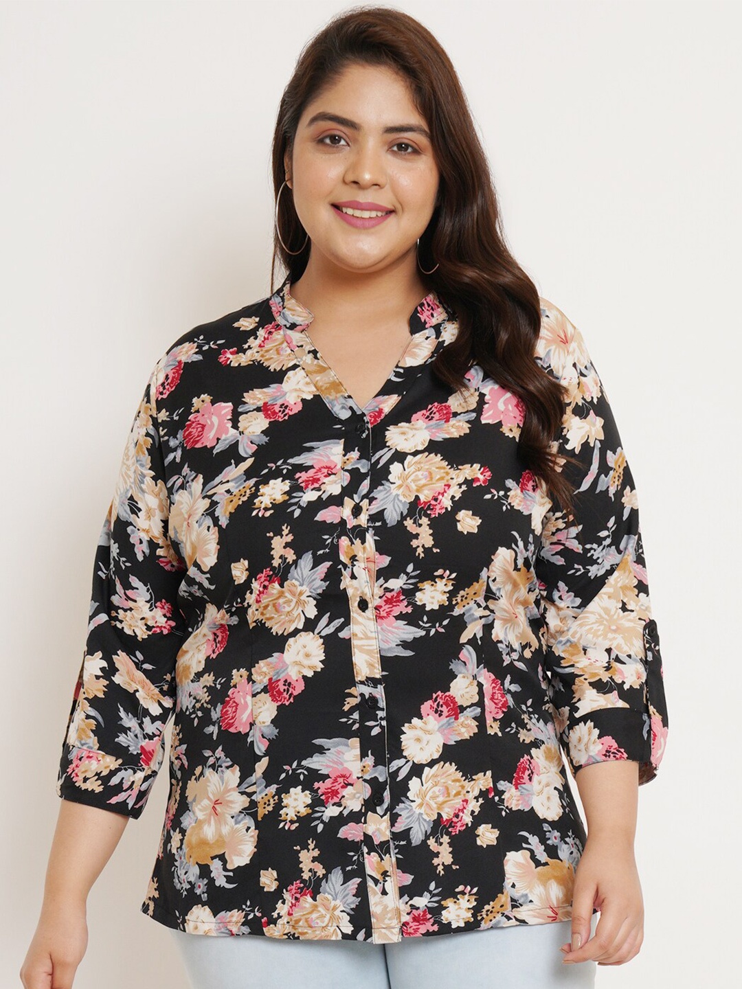

U&F Beyond Plus Size Floral Printed Mandarin Collar Roll-Up Sleeves Shirt Style Top, Black