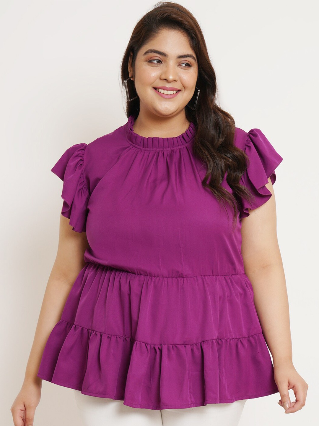

U&F Beyond Plus Size Flutter Sleeves Ruffles A-Line Top, Purple