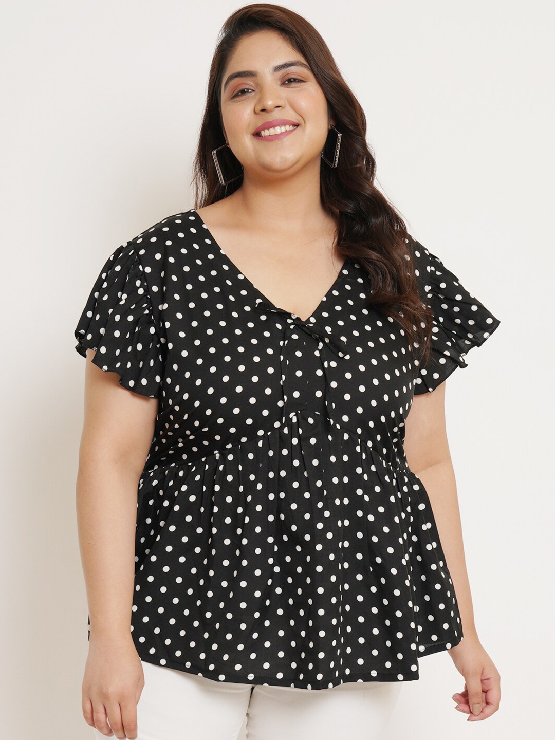 

U&F Beyond Polka Dot Print Crepe Empire Top, Black