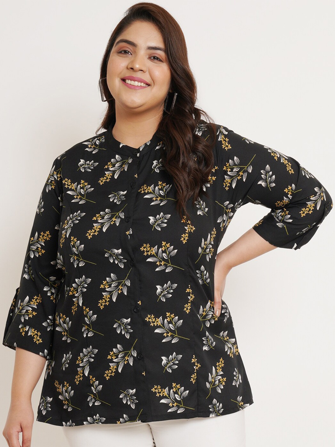 

U&F Beyond Floral Printed Roll Up Sleeves Shirt Style Top, Black
