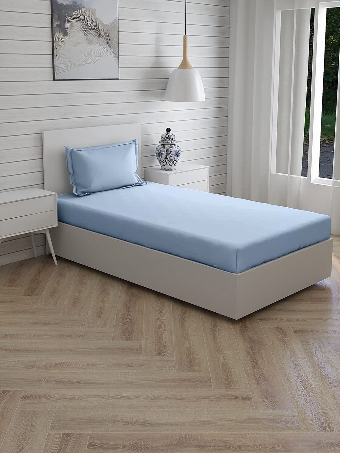 

Trance Home Linen Blue 300 TC Pure Cotton Flat Single Bedsheet With 1 Pillow Cover