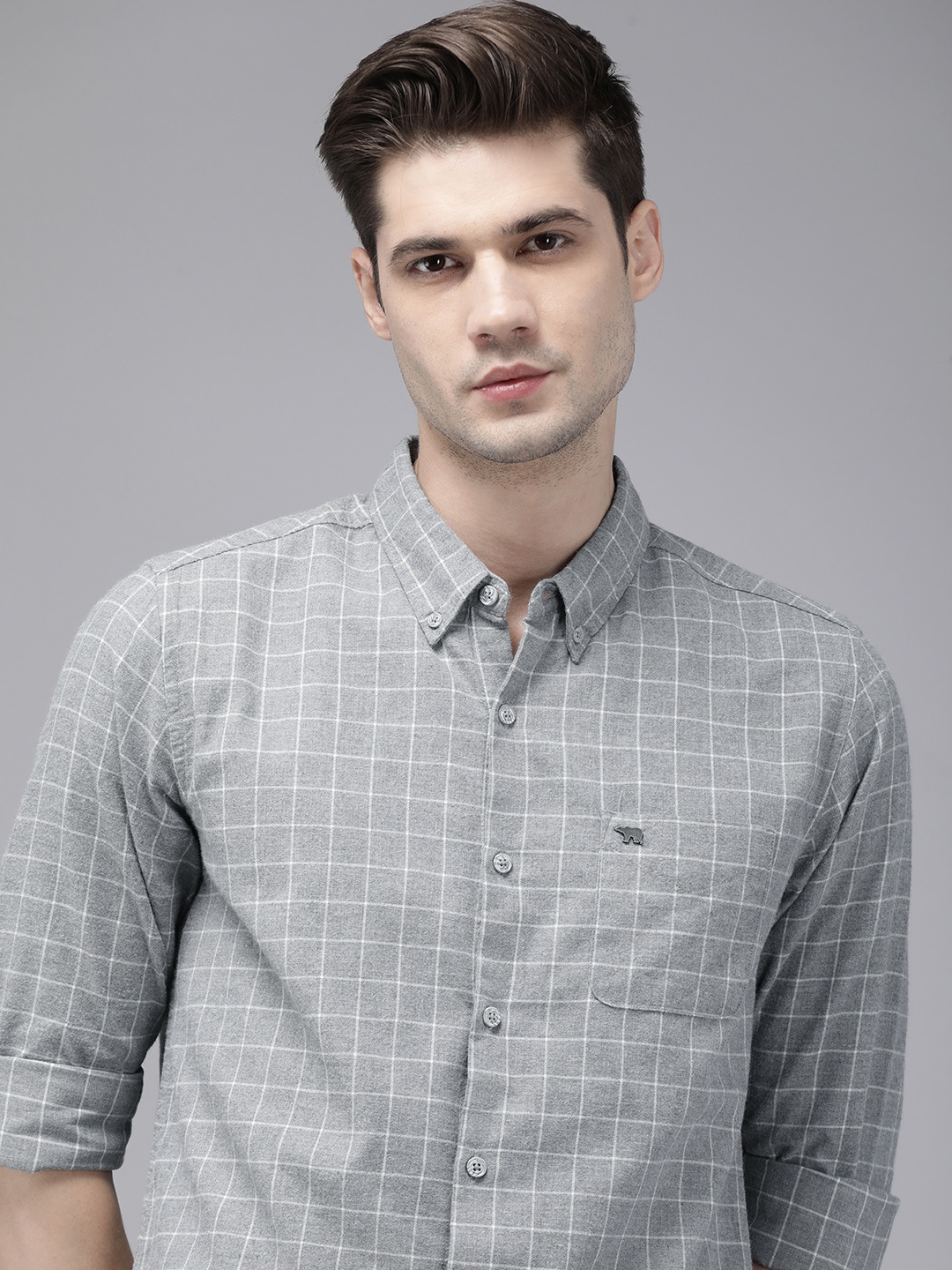 

THE BEAR HOUSE Men Grey Slim Fit Grid Tattersall Checks Opaque Checked Casual Shirt