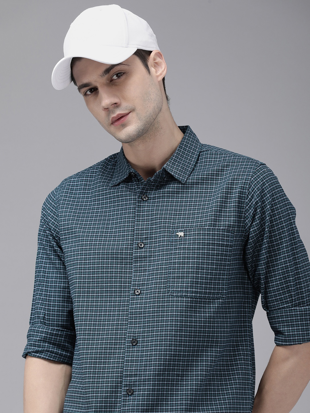 

THE BEAR HOUSE Men Slim Fit Checked Pure Cotton Casual Shirt, Teal