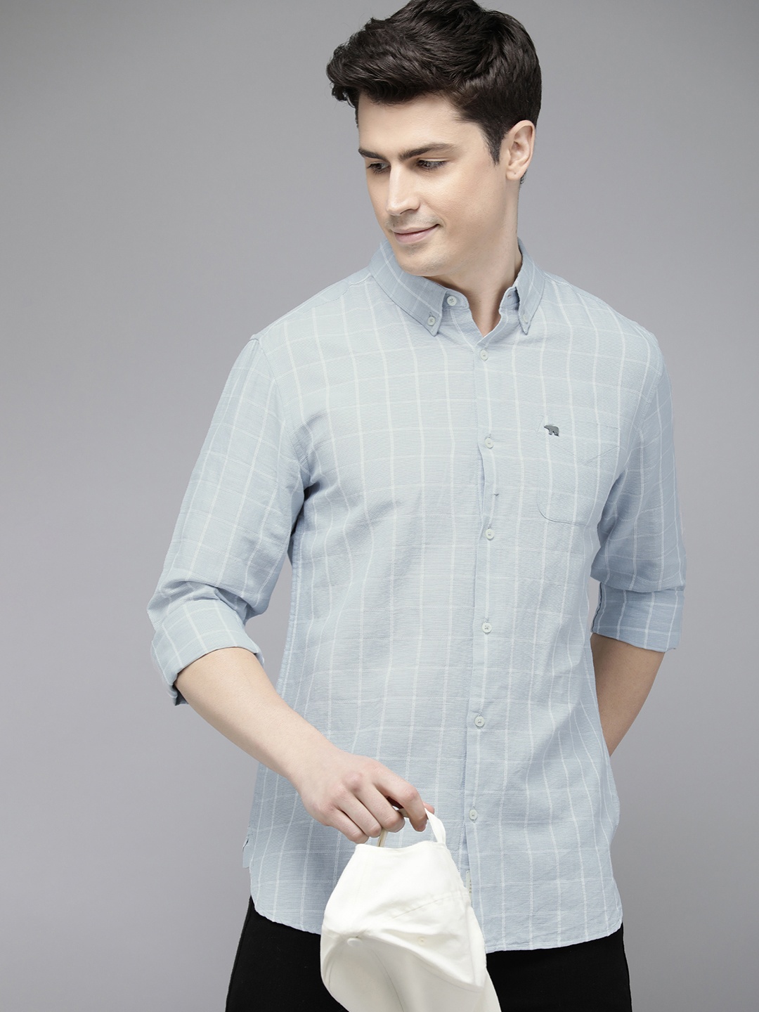 

THE BEAR HOUSE Men Slim Fit Checked Cotton Linen Casual Shirt, Grey