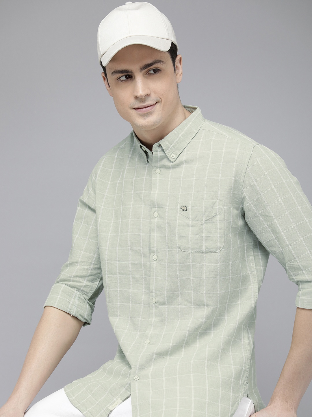 

THE BEAR HOUSE Men Slim Fit Checked Cotton Linen Casual Shirt, Green