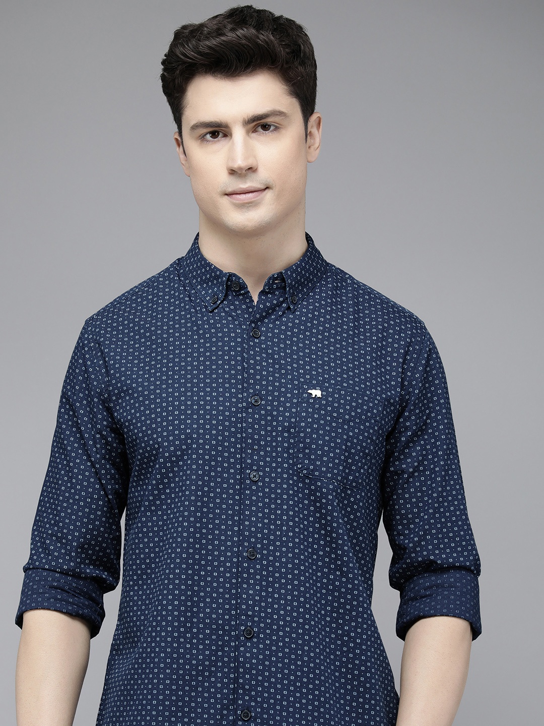 

THE BEAR HOUSE Men Navy Blue Slim Fit Opaque Printed Casual Shirt