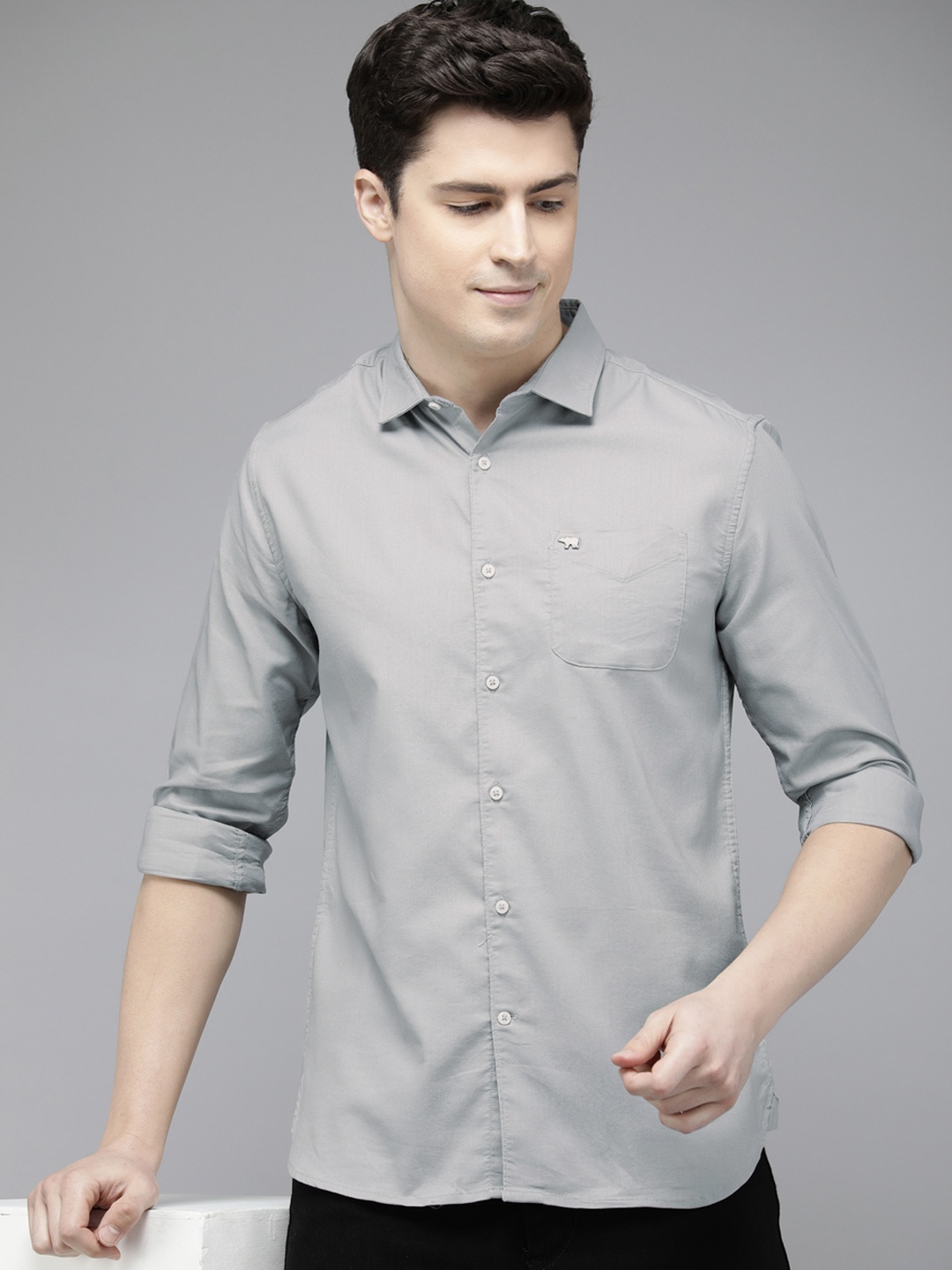 

THE BEAR HOUSE Men Slim Fit Cotton Linen Casual Shirt, Grey