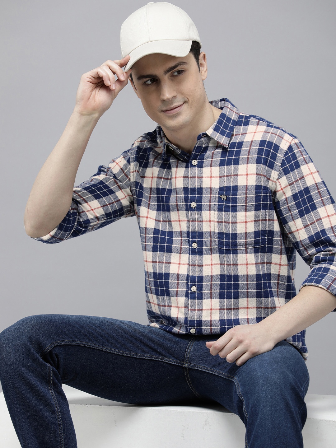 

THE BEAR HOUSE Men Slim Fit Tartan Checks Pure Cotton Casual Shirt, Blue