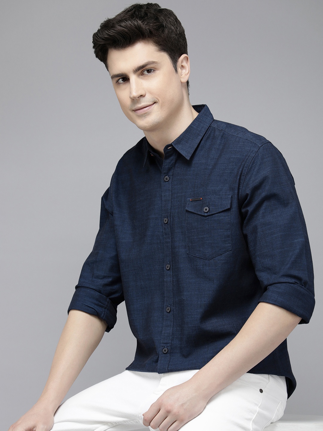 

THE BEAR HOUSE Men Slim Fit Pure Cotton Casual Shirt, Navy blue