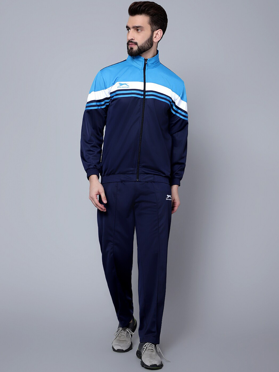 

Shiv Naresh Men Striped High Neck Sports Tracksuit, Turquoise blue