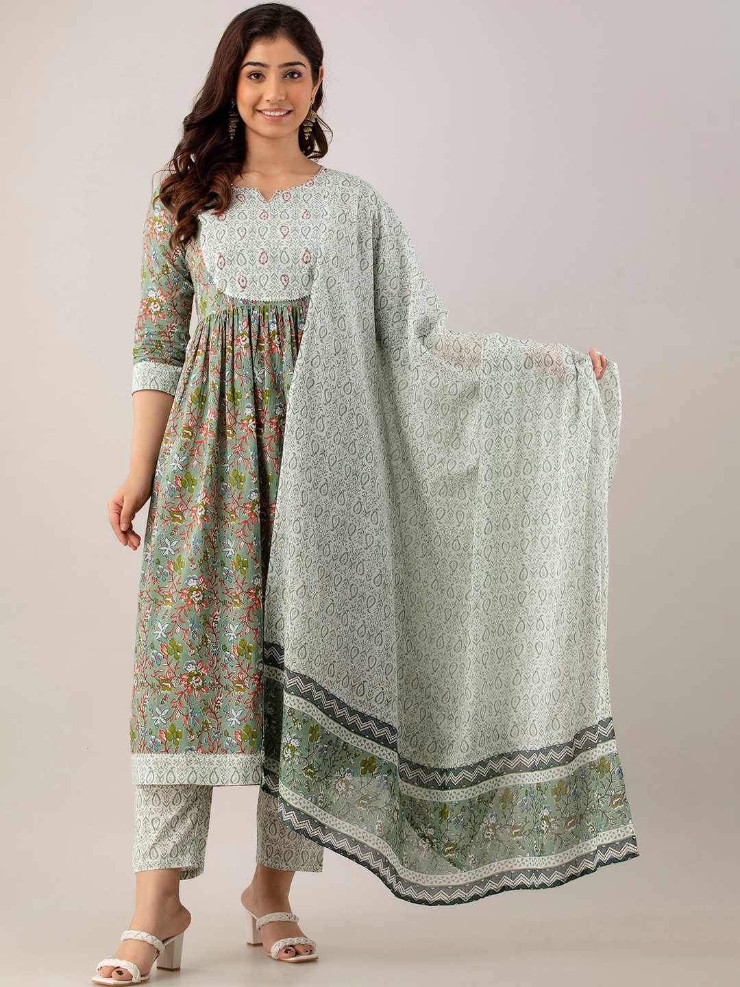 

Charu Floral Printed Gotts Patti Pure Cotton Kurta with Trousers & Dupatta, Green