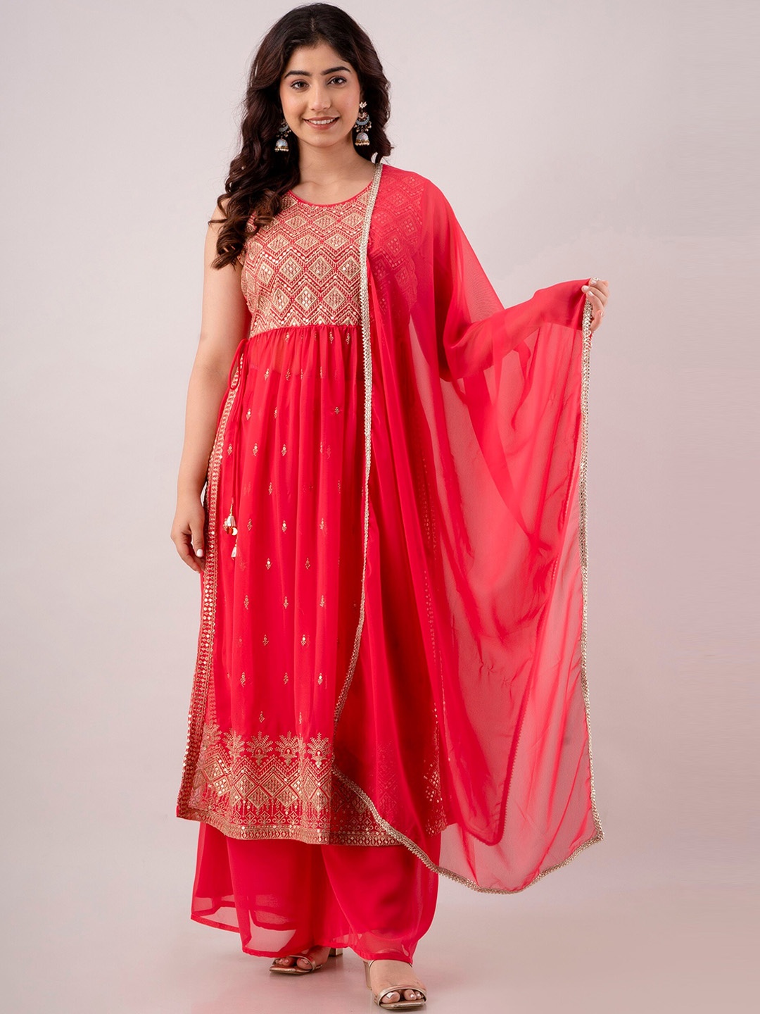 

Charu Geometric Embroidered Sequinned Kurta with Palazzos & With Dupatta, Pink
