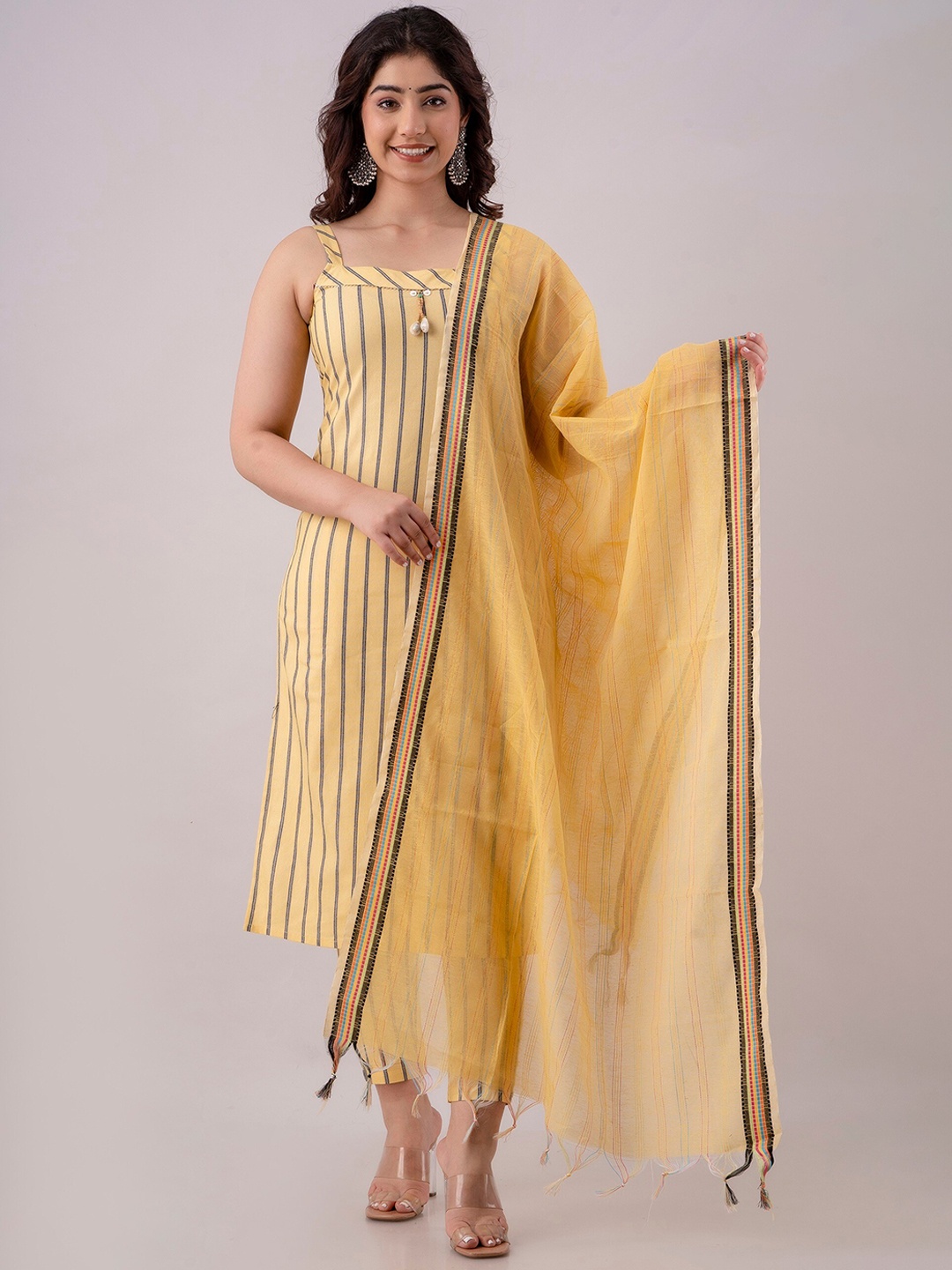 

Charu Striped Shoulder Straps Kurta with Trousers & With Dupatta, Yellow