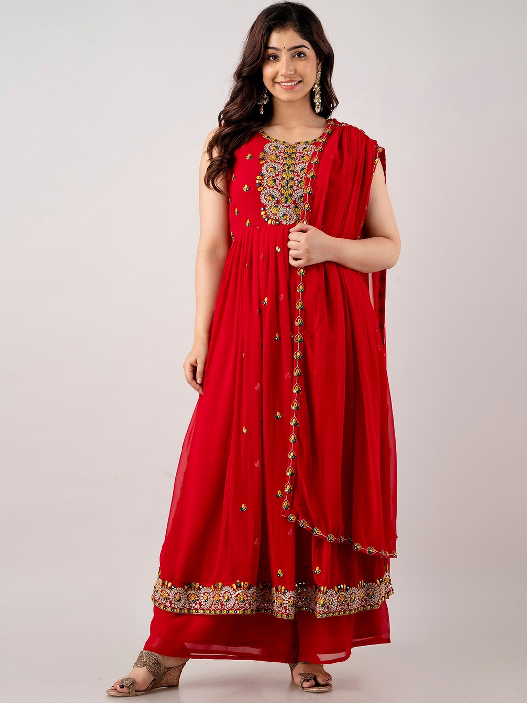 

Charu Ethnic Motifs Embroidered Mirror Work Anarkali Kurta with Palazzos & Dupatta, Red