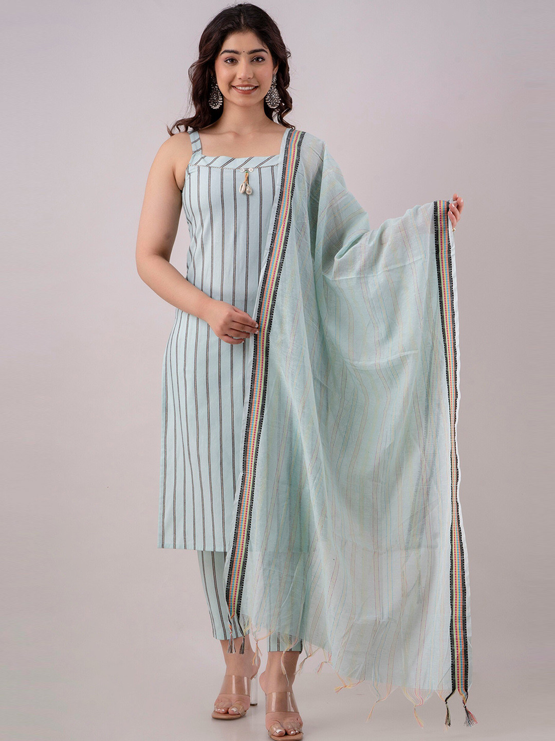 

Charu Sleeveless Striped Kurta with Trousers & Dupatta, Blue