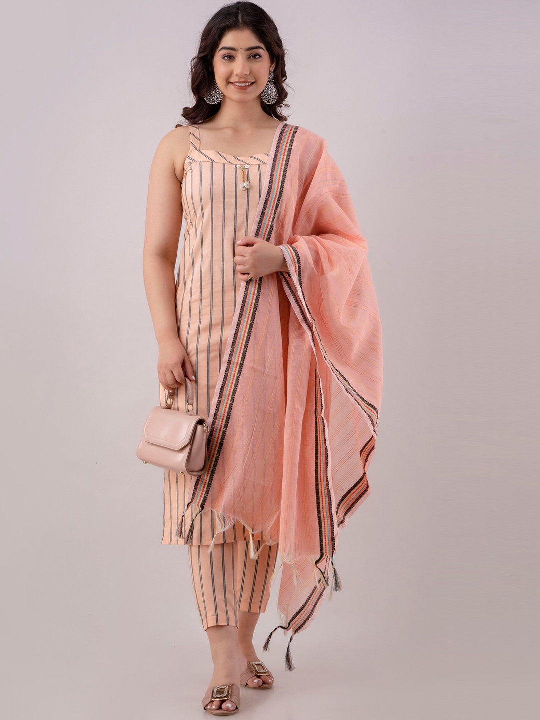 

Charu Striped Shoulder Straps Kurta with Trousers & With Dupatta, Peach