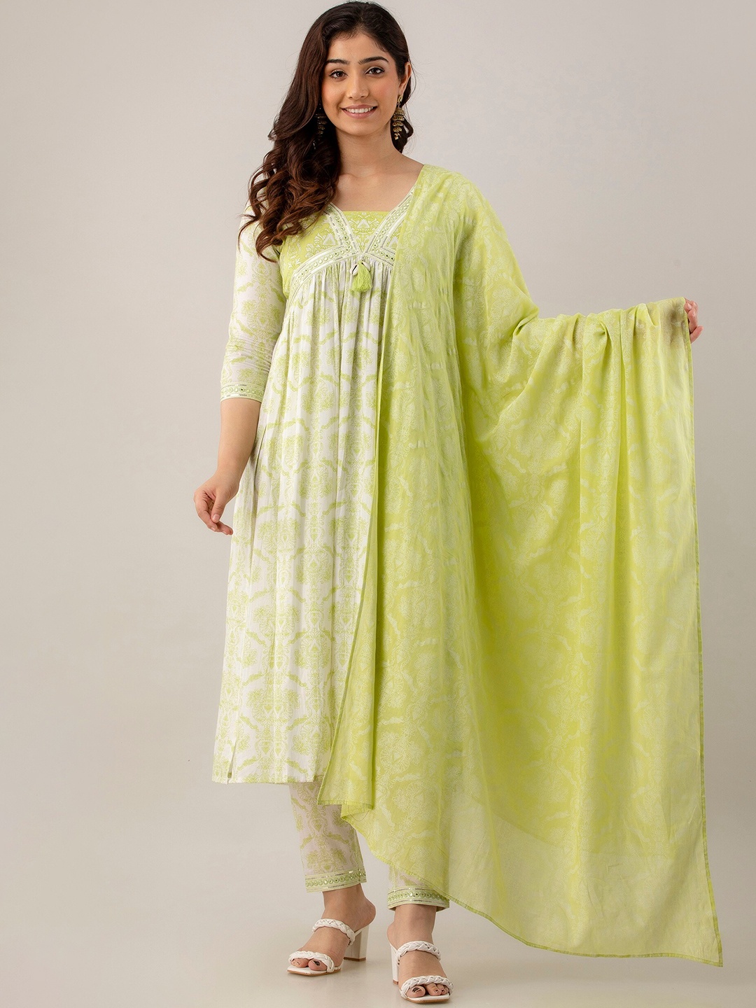 

Charu Ethnic Motifs Printed Mirror Work A-Line Pure Cotton Kurta with Trousers & Dupatta, Green