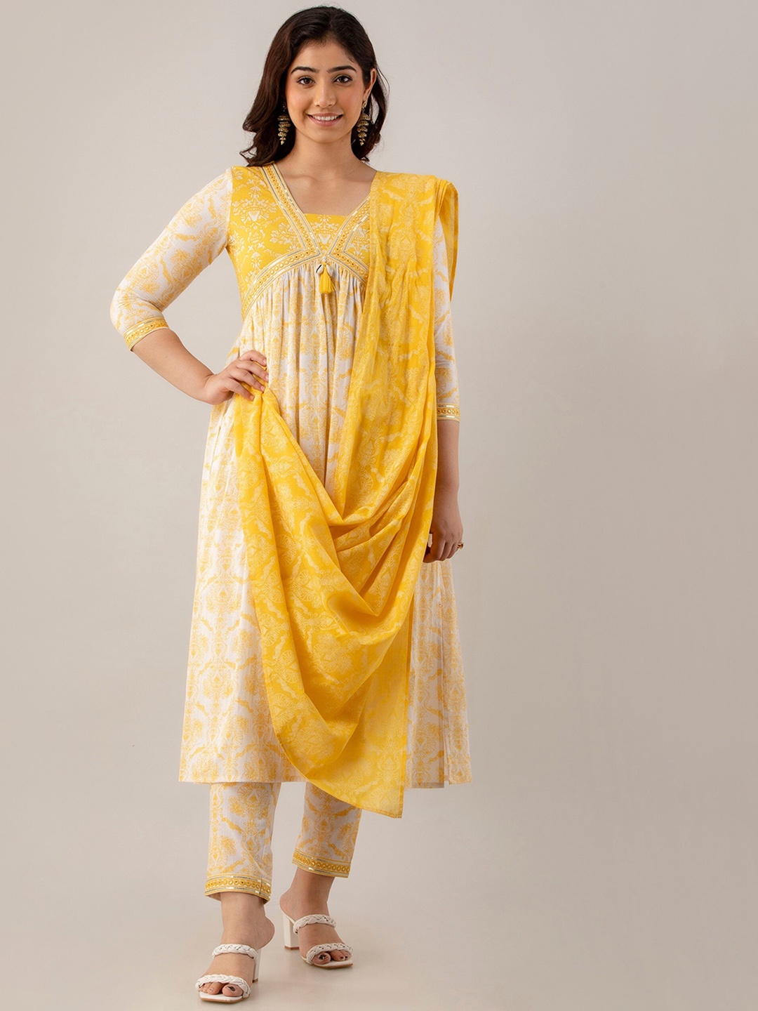 

Charu Floral Printed Mirror Work A-Line Pure Cotton Kurta with Trousers & Dupatta, Yellow