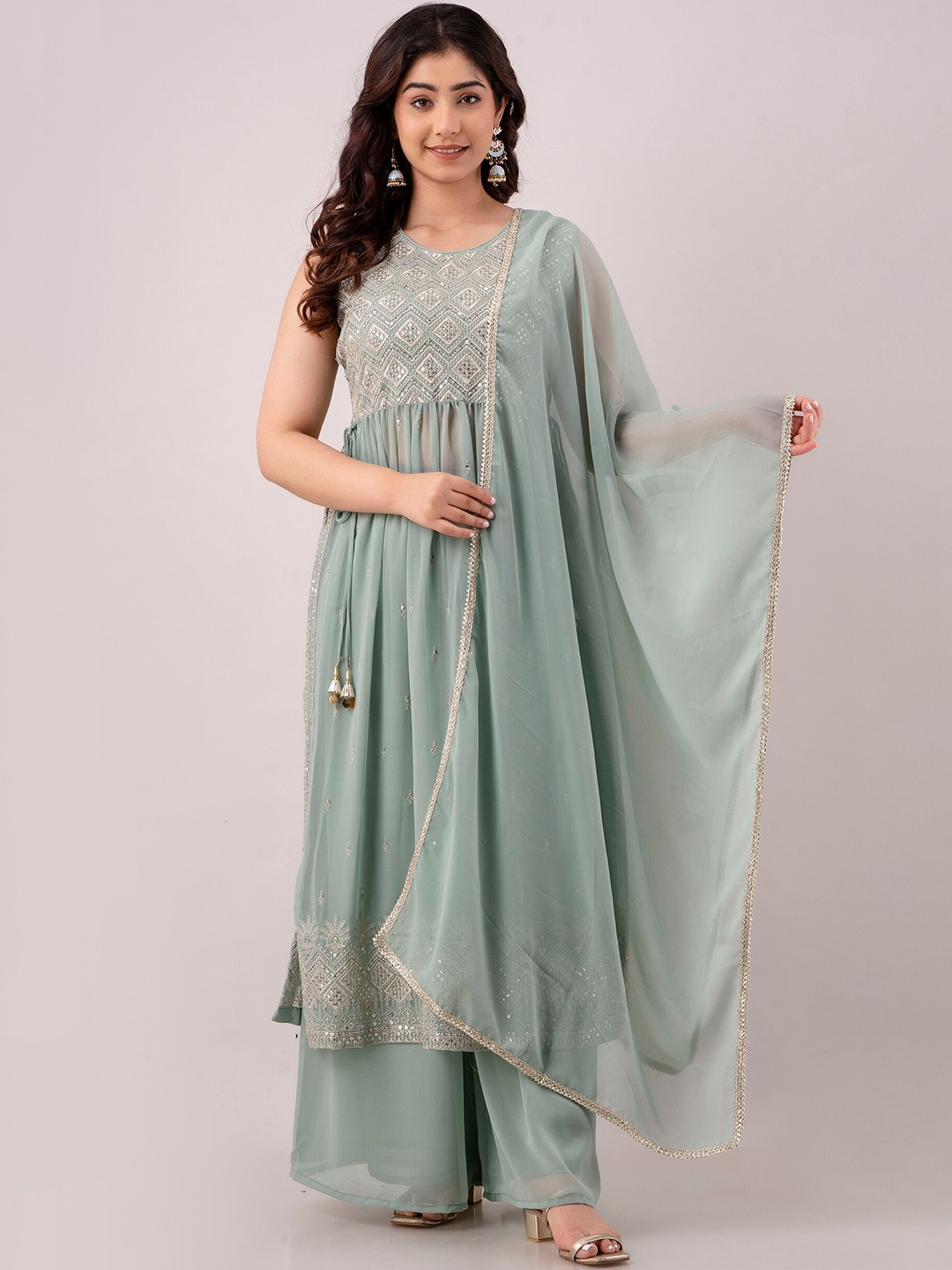 

Charu Geometric Embroidered Sequinned Kurta with Palazzos & With Dupatta, Sea green