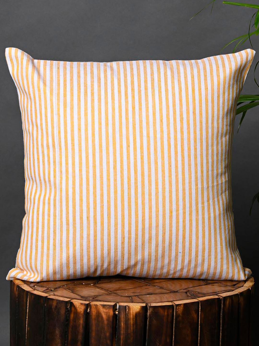 

OUSSUM Yellow & White 2 Pieces Striped Cotton Square Cushion Covers