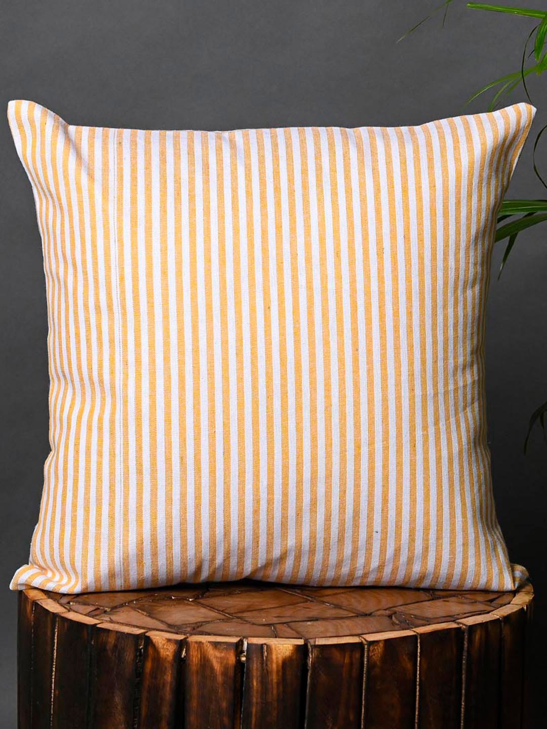 

OUSSUM Yellow & White 2 Pieces Striped Cotton Square Cushion Covers