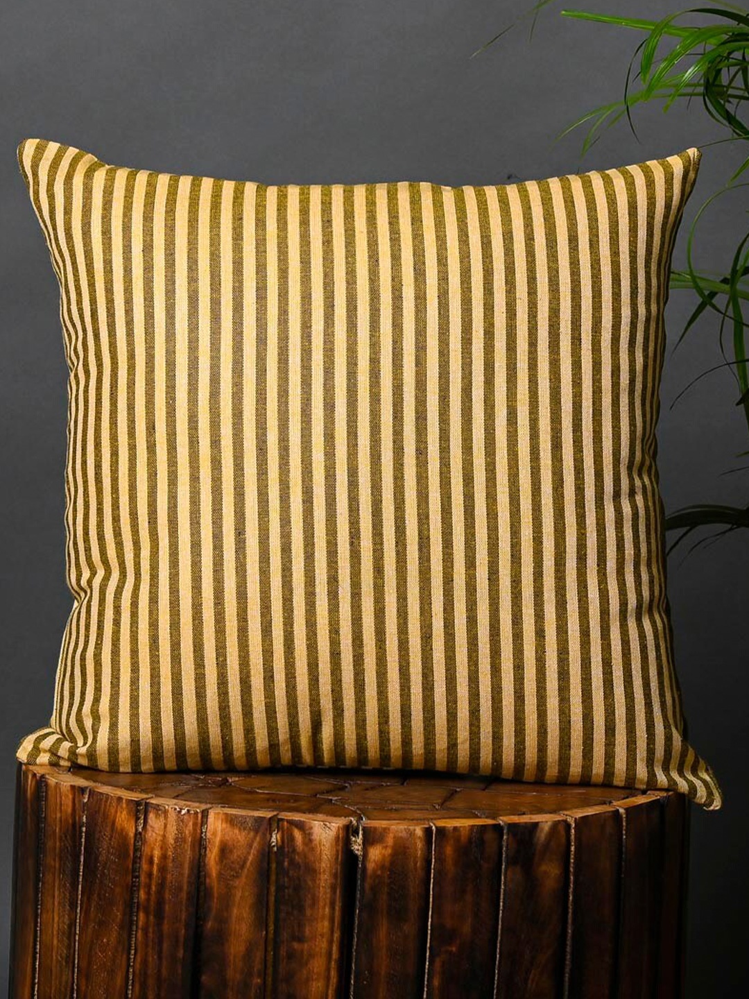 

OUSSUM Brown & Yellow 2 Pieces Striped Square Cotton Cushion Covers