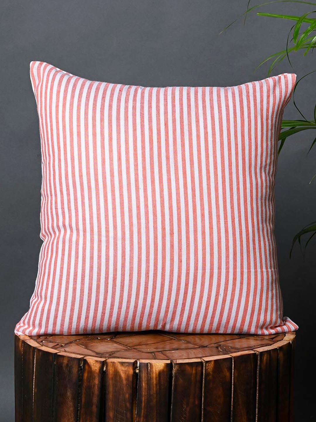 

OUSSUM Red & White 2 Pieces Striped Cotton Square Cushion Covers