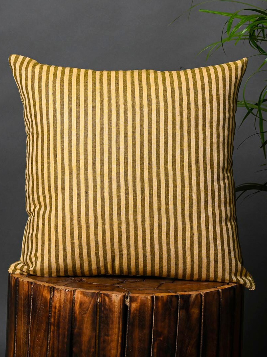 

OUSSUM Brown & Yellow 2 Pieces Striped Square Cotton Cushion Covers