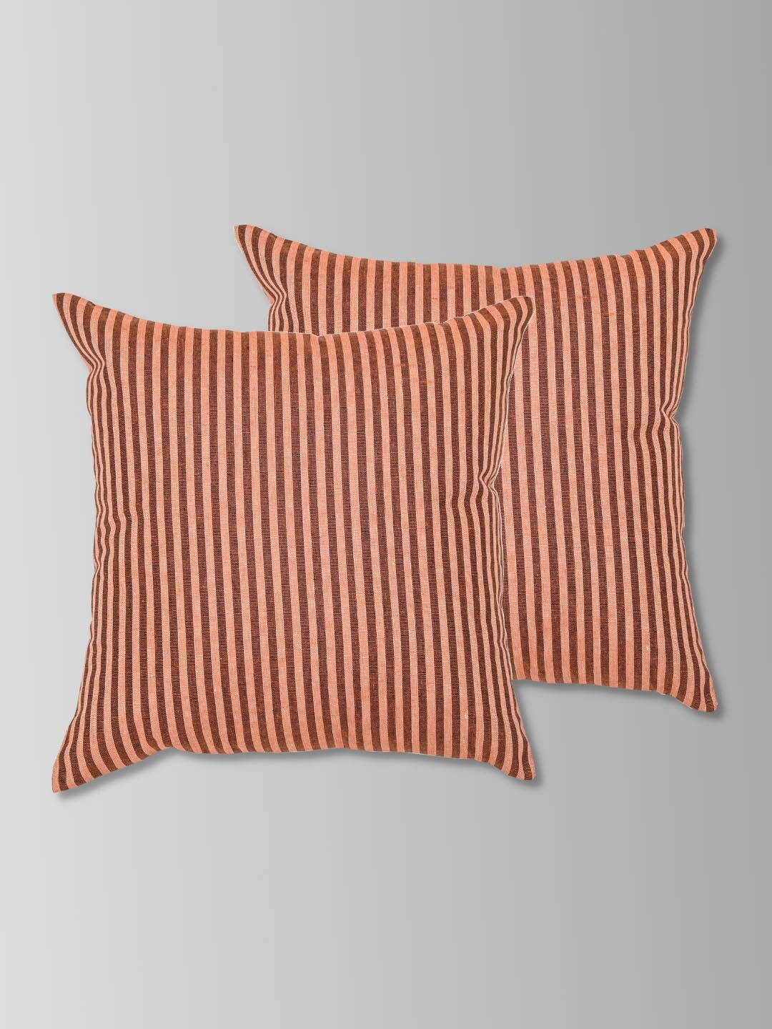 

OUSSUM Maroon & Peach-Coloured 2 Pieces Striped Cotton Square Cushion Covers