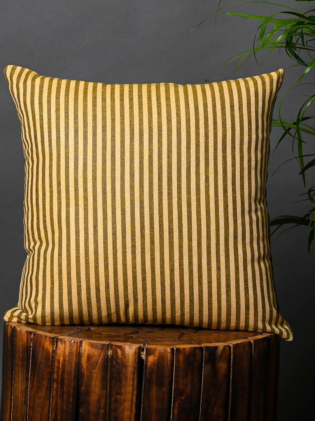 

OUSSUM Brown & Yellow 2 Pieces Striped Square Cotton Cushion Covers
