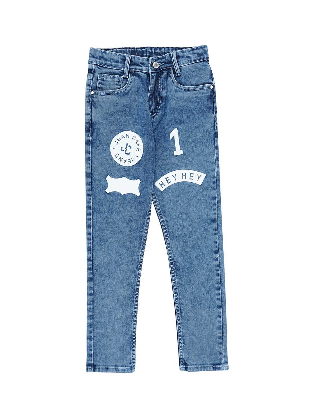 

Jean Cafe Boys Slim Fit Printed Light Fade Pure Cotton Jeans, Blue