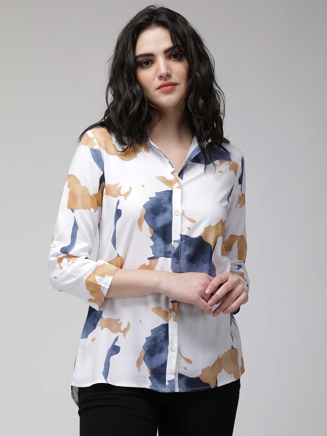 

IDK Abstract Full Sleeve High-Low Shirt Style Top, White