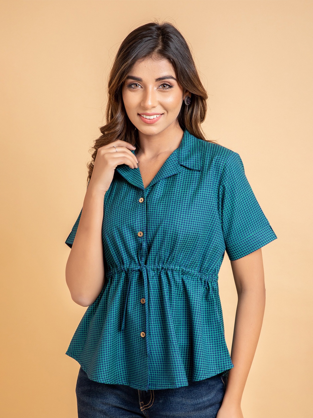 

SUTI Checked Short Sleeves Shirt Style Top, Green