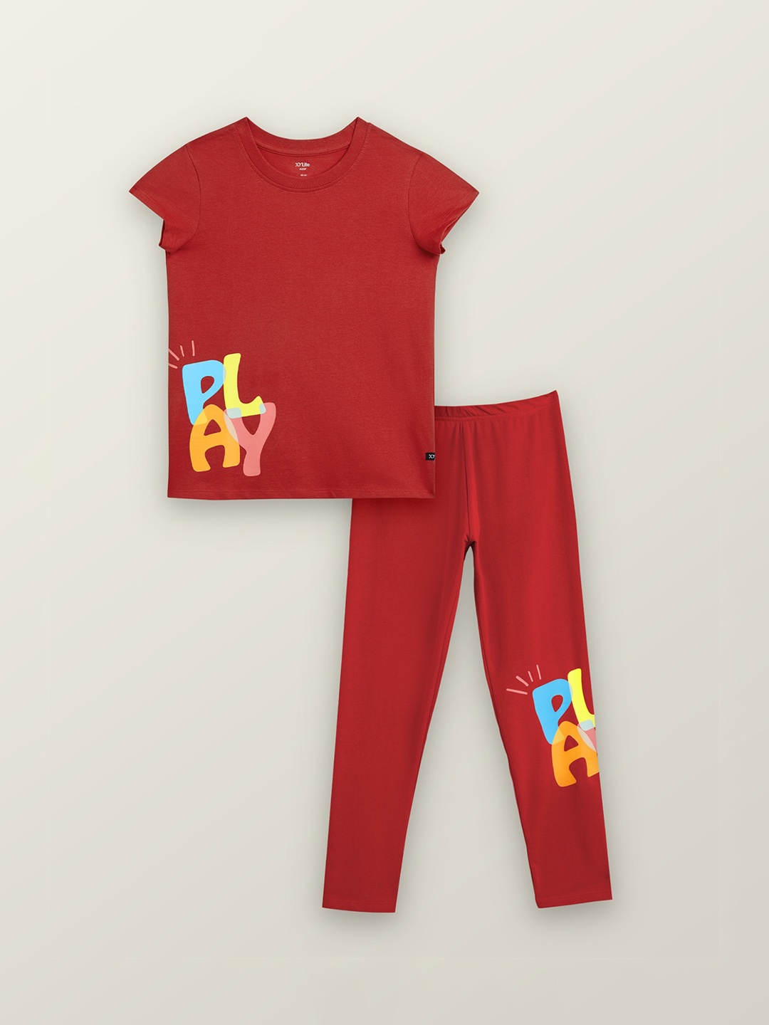 

XY Life Girls Typography Printed Pure Cotton Night Suit, Red