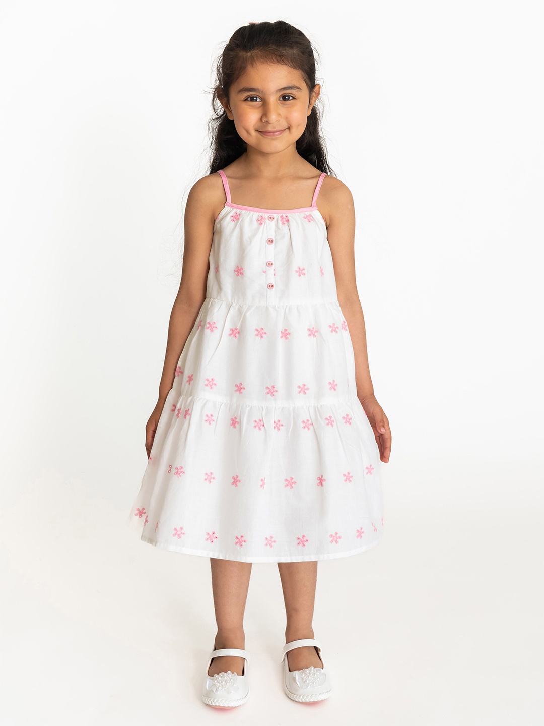 

Campana Girls Floral Embroidered Shoulder Straps Cotton A-Line Dress, White