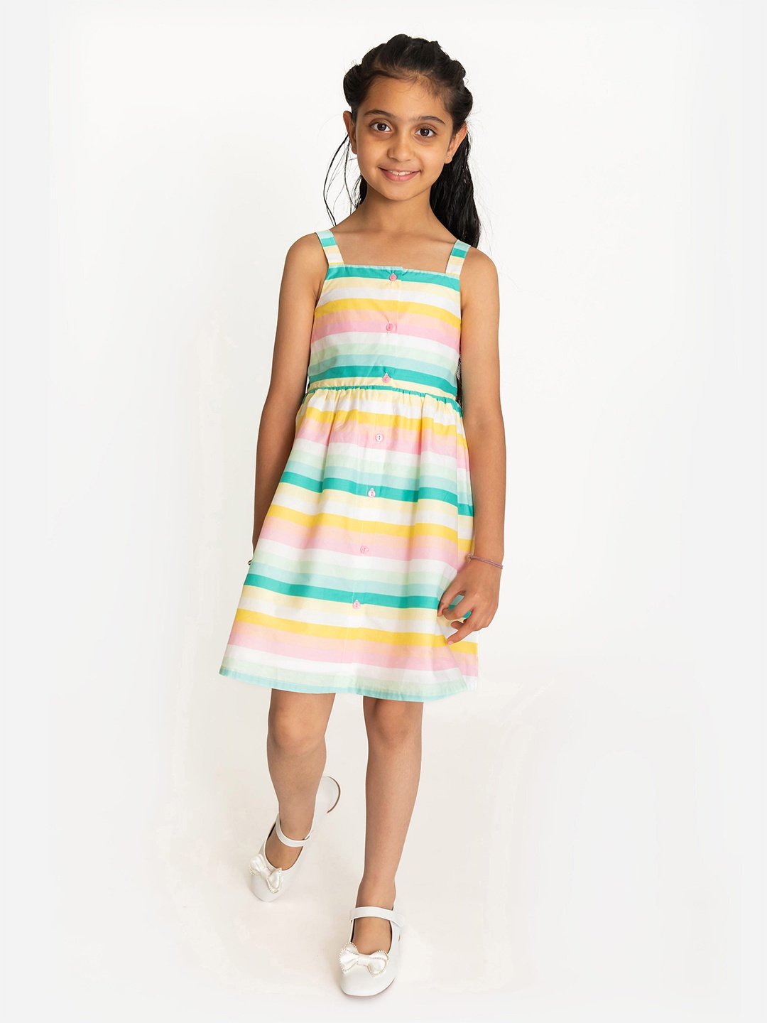 

Campana Girls Sleeveless Knee Length Fit and Flare Striped Cotton Dress, White