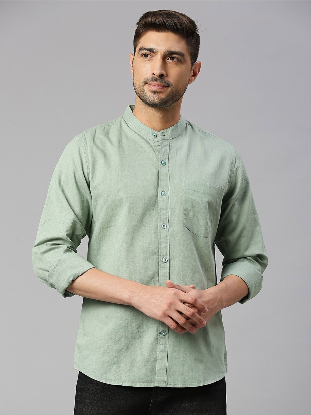 

Mast & Harbour Green Classic Slim Fit Casual Cotton Linen Shirt