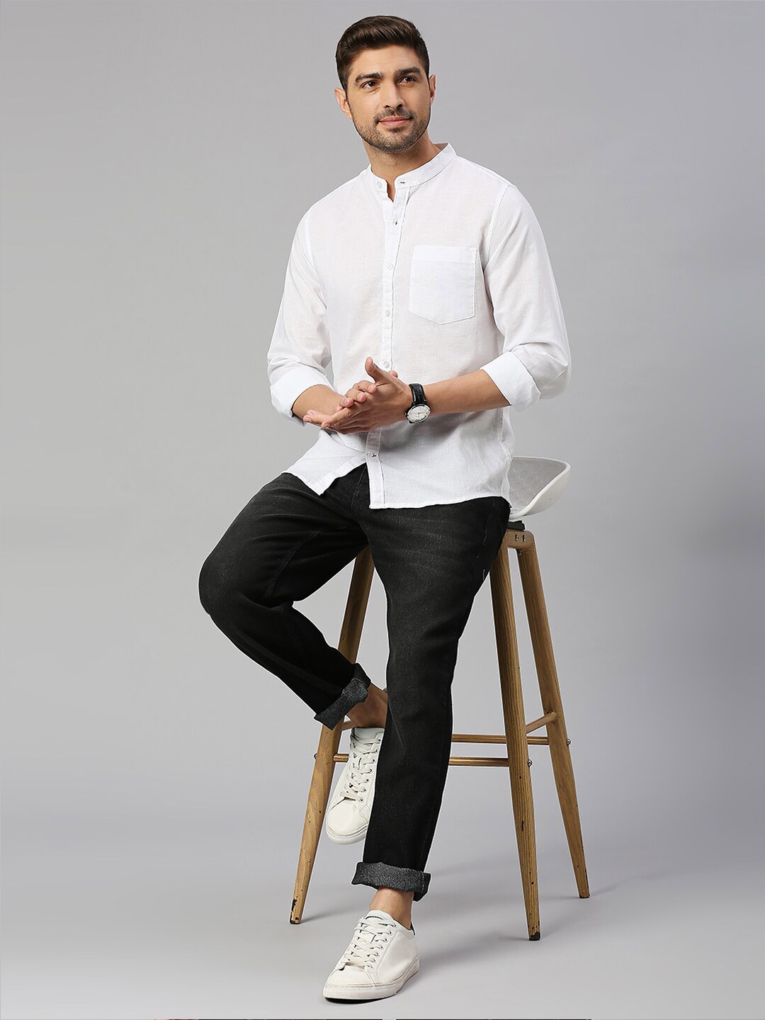 

Mast & Harbour White Band Collar Classic Slim Fit Opaque Cotton Linen Casual Shirt