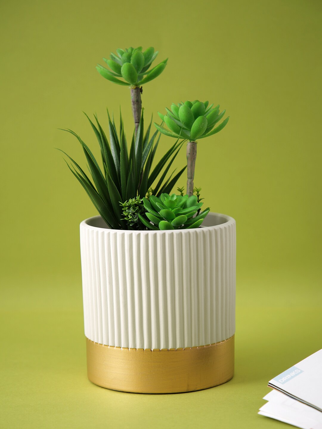 

TAYHAA White & Golden Linear Pattern Ceramic Planter