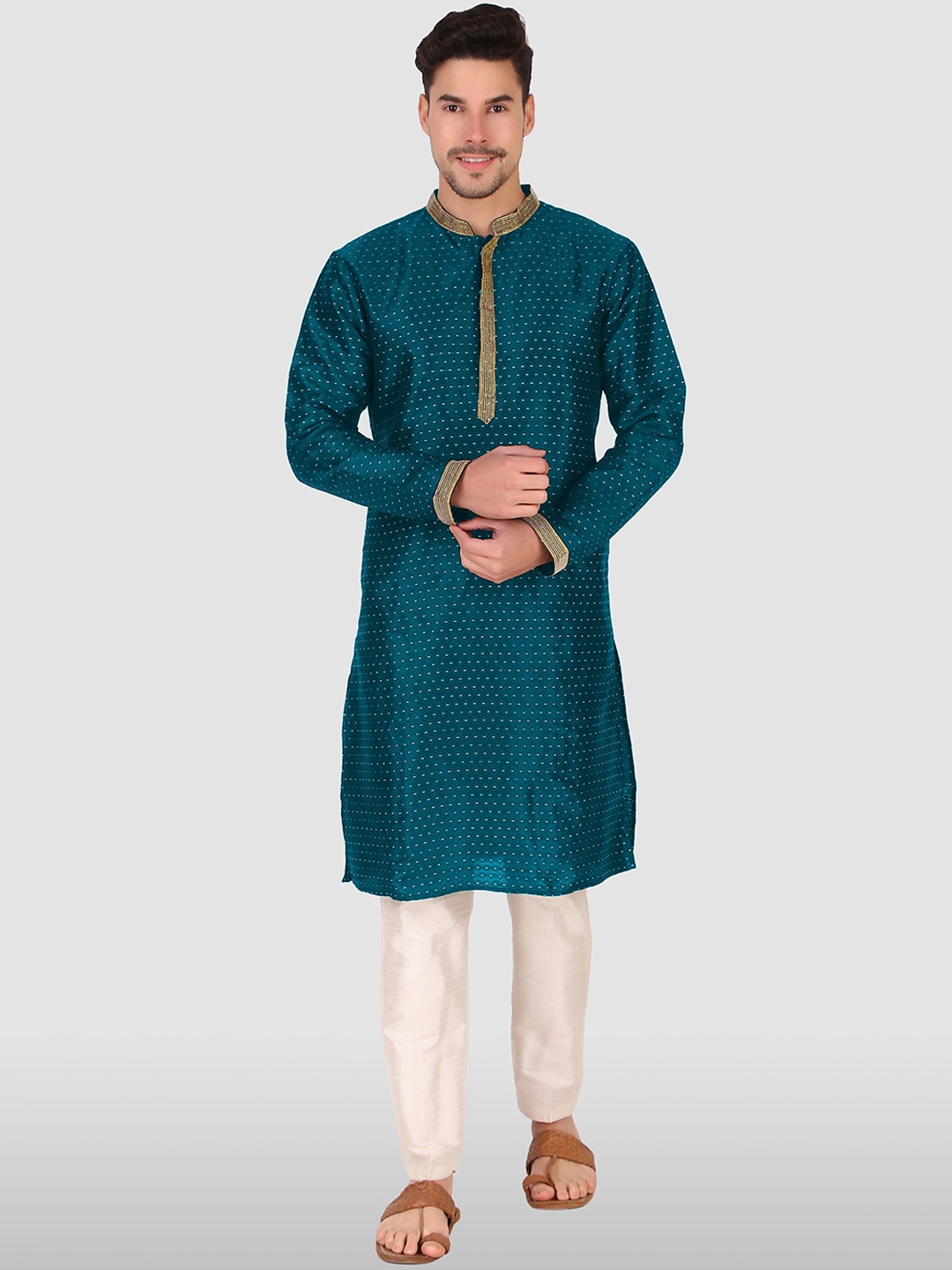 

Cult Indie Woven Design Mandarin Collar Kurta with Pyjamas, Teal
