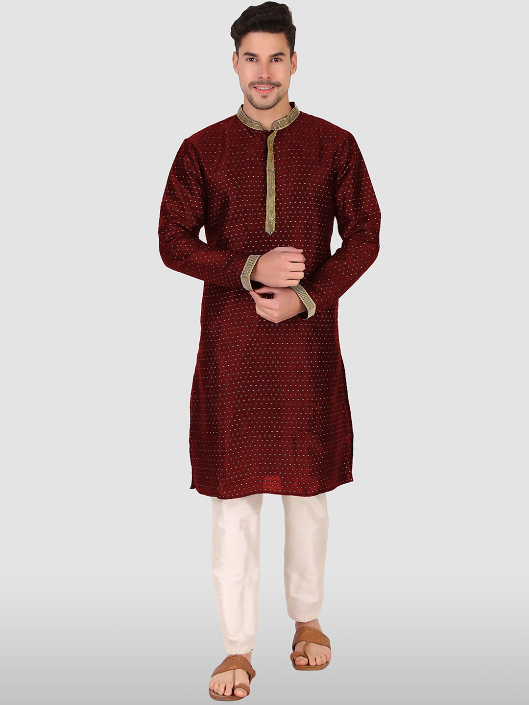 

Cult Indie Mandarin Collar Embroidered Straight Kurta with Pyjamas, Maroon