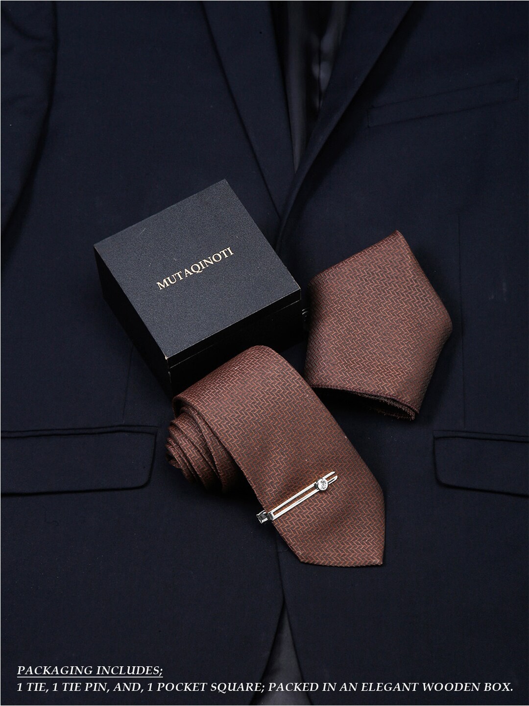 

MUTAQINOTI Men Silk Necktie Accessory Gift Set, Brown