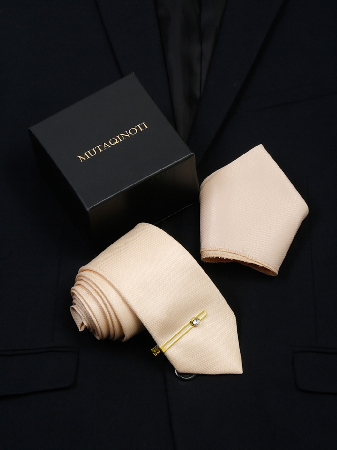 

MUTAQINOTI Men Silk Necktie Accessory Gift Set, Cream