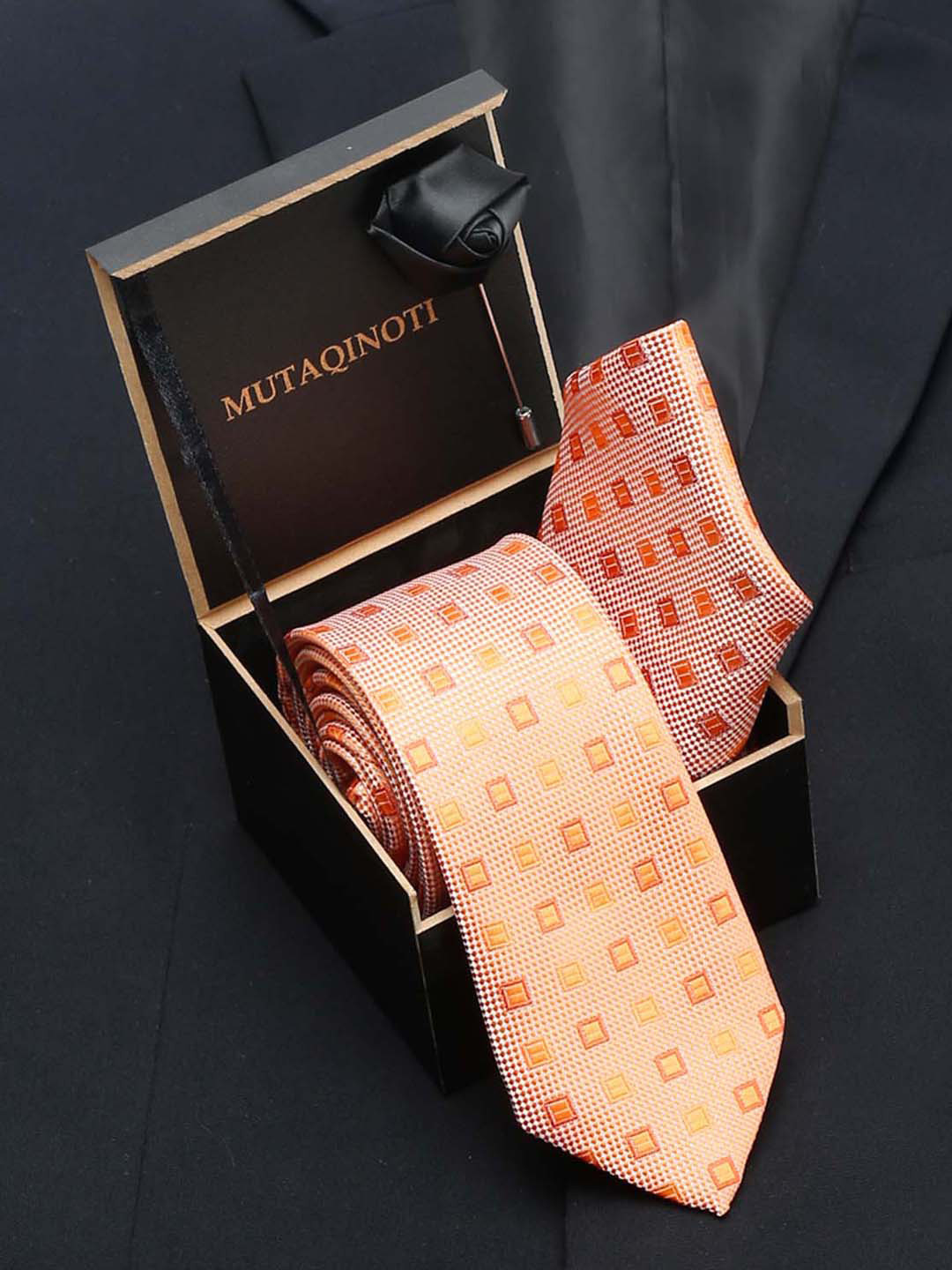

MUTAQINOTI Men Set Of 3 Checked Silk Formal Accessory Gift Set, Peach