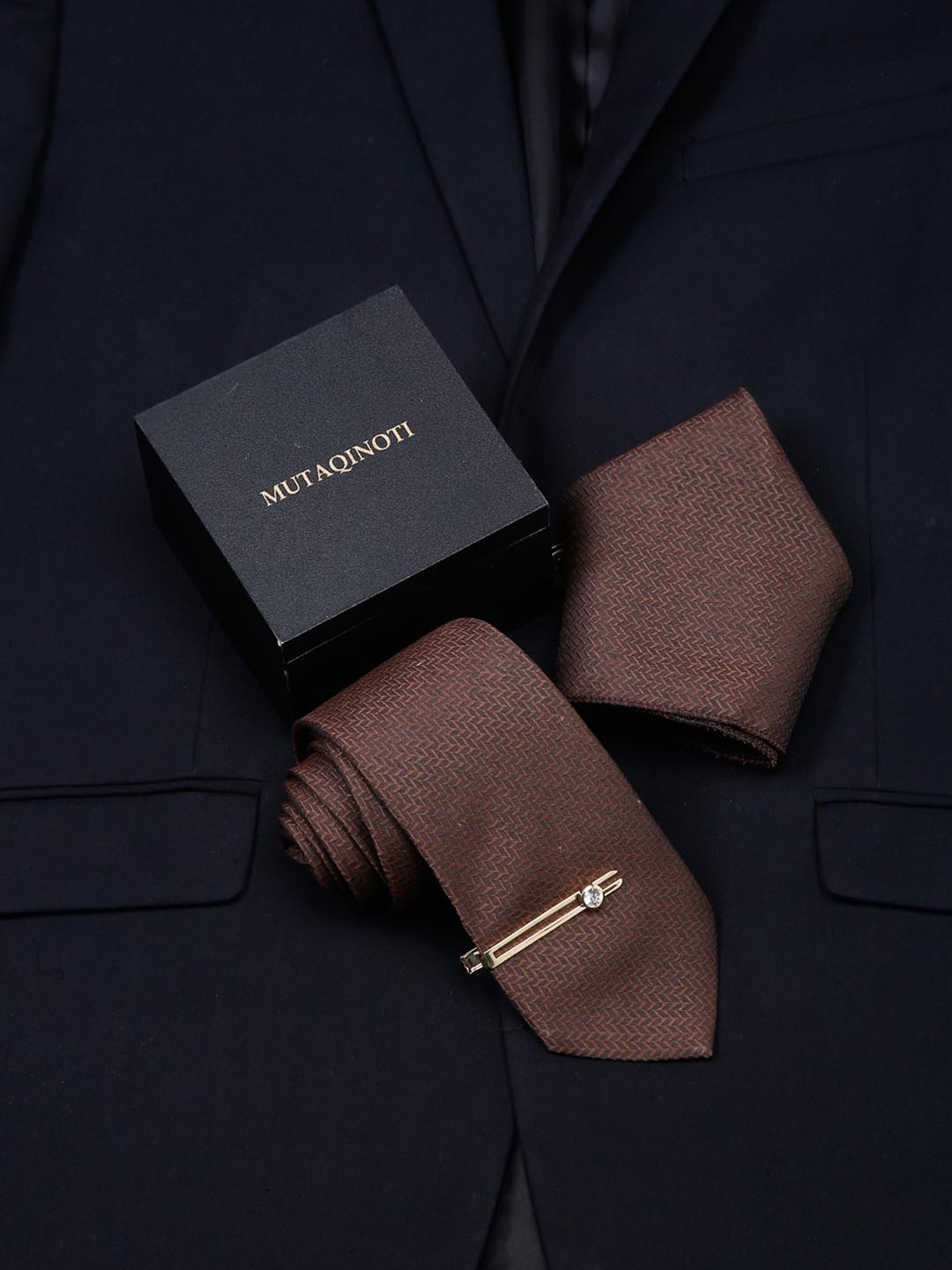 

MUTAQINOTI Men Silk Necktie Accessory Gift Set, Brown
