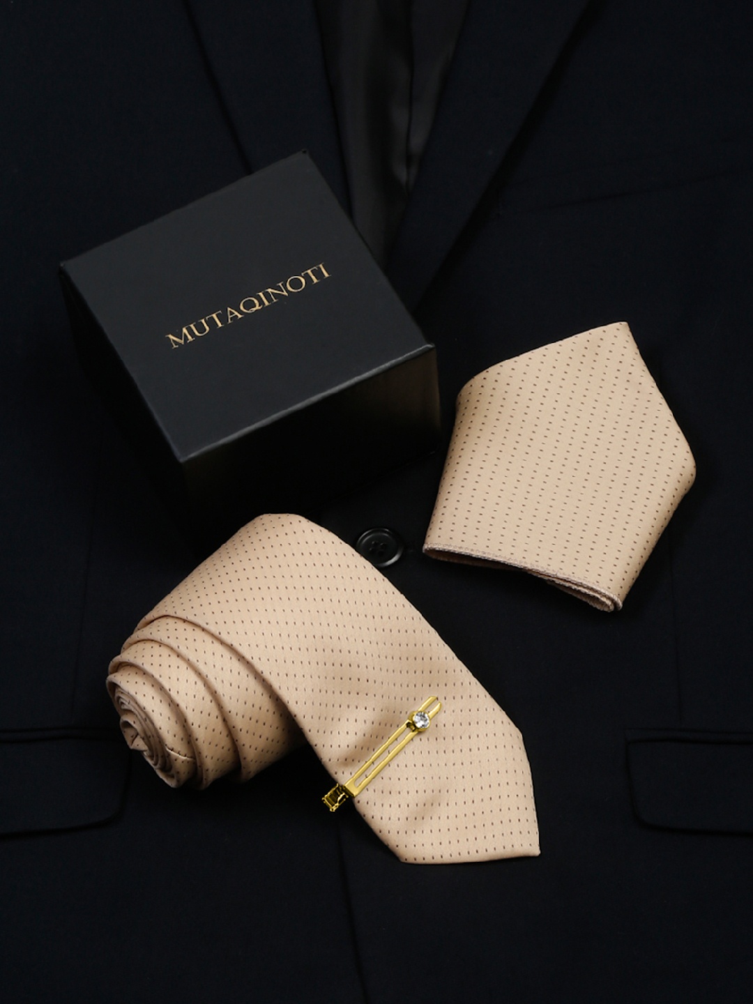 

MUTAQINOTI Men Dotted Silk Necktie Accessory Gift Set, Cream