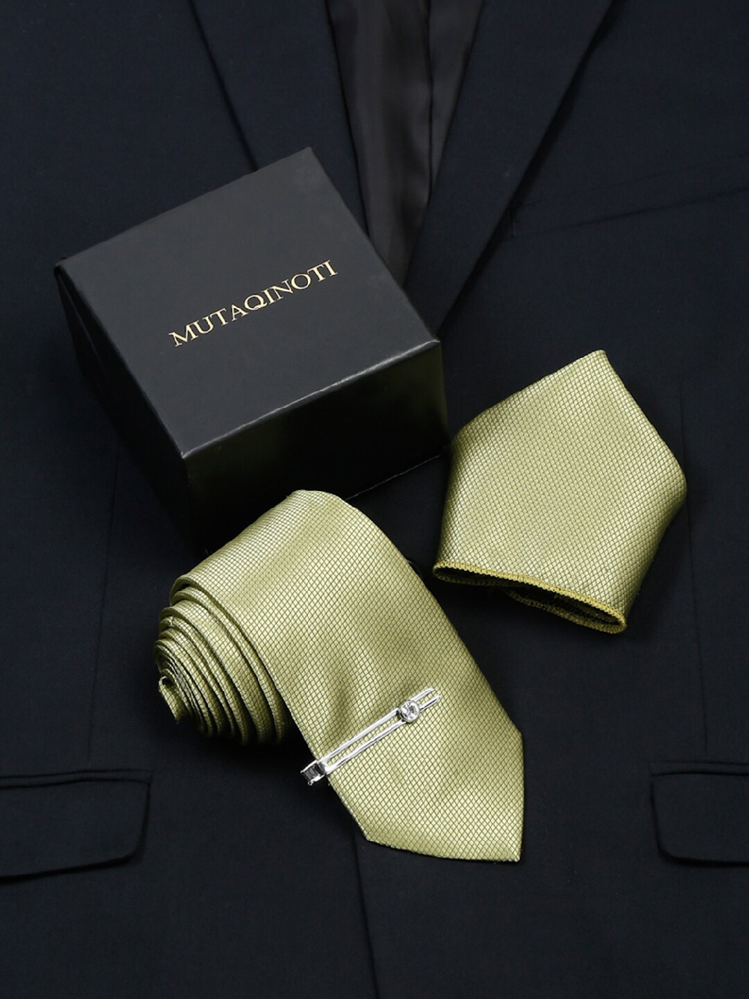 

MUTAQINOTI Men Woven Design Silk Necktie Accessory Gift Set, Green